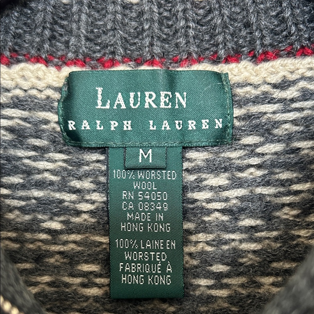 Lauren Ralph Lauren Charcoal Gray Fair Isle Ski Zip Sweater with Red Accents - Picture 3 of 3